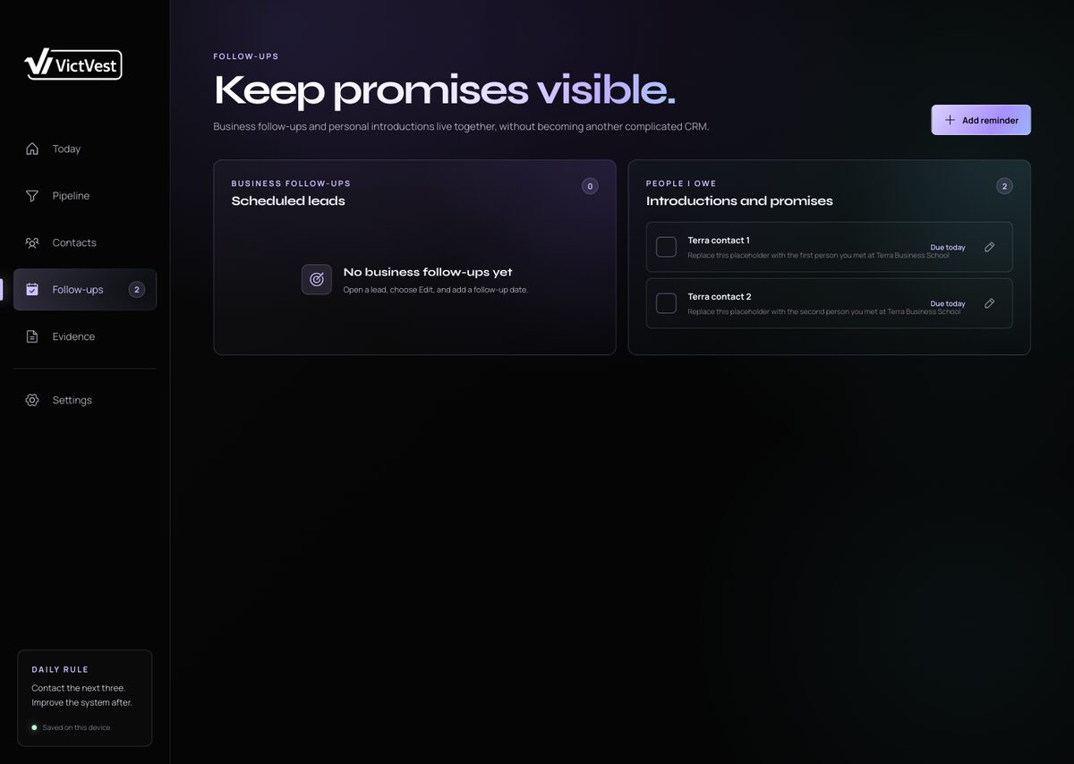 Follow-ups, outcomes recorded, next actions dated and enforced.